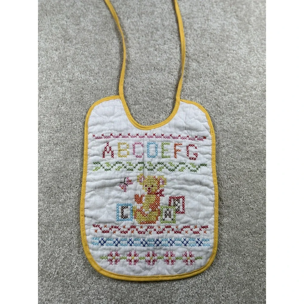 Vintage Hand Embroidered Baby Bib Alphabet Bear Blocks Yellow Trim Nursery Decor